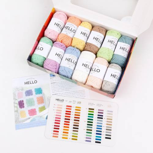 A Hello 12 ball yarn pack of pastels.