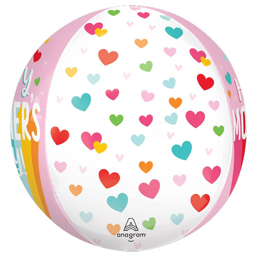 A 16 inch Mother's Day Bright Stripes and Hearts Orbz foil balloon.