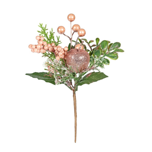 A 20cm artificial foliage pick with a rose gold apple and berries