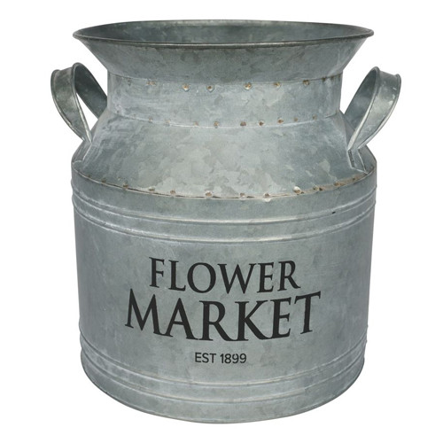 A silver metal milk churn with 'flower market' print. A silver metal milk churn with 'flower market' print.