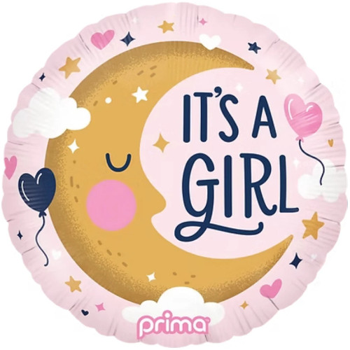 An 18 inch pink it's a girl moon foil balloon An 18 inch pink it's a girl moon foil balloon