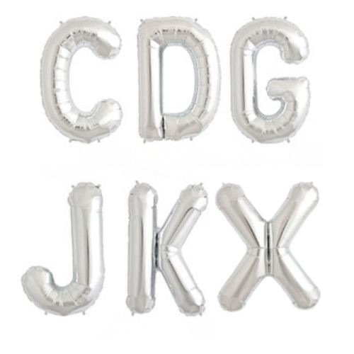 A bargain box containing 16 inch silver letter balloons.