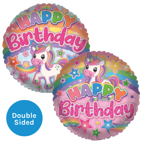 An 18 inch Happy Birthday Rainbow Unicorn Foil Balloon, manufactured by Sensations.