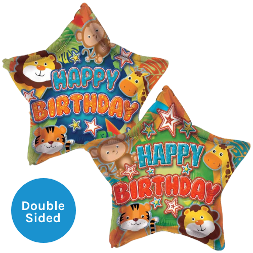 A 19 inch Happy Birthday Jungle Star Foil Balloon, manufactured by Sensations.