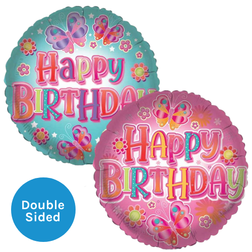 An 18 inch Happy Birthday Pink Butterfly Foil Balloon, manufactured by Sensations.
