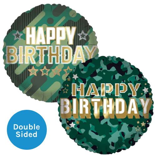 An 18 inch Happy Birthday Camo Pattern Foil Balloon, manufactured by Sensations.