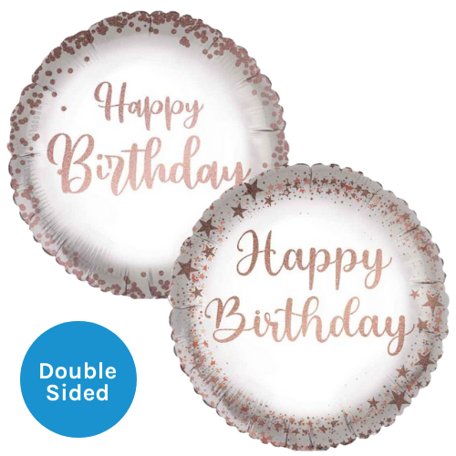 An 18 inch Happy Birthday Rose Gold Spots & Stars Foil Balloon, manufactured by Sensations. An 18 inch Happy Birthday Rose Gold Spots & Stars Foil Balloon, manufactured by Sensations.