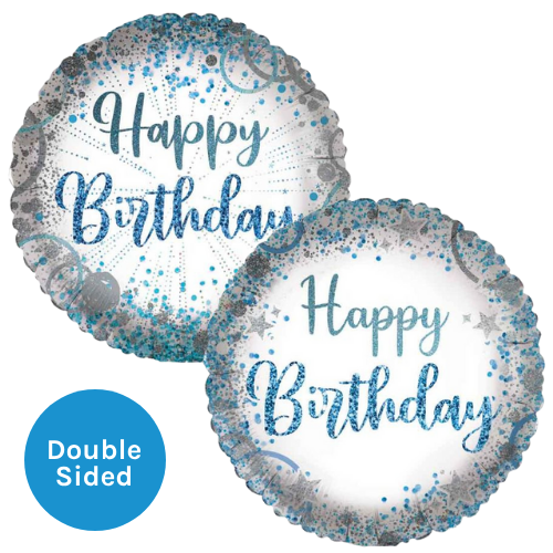 An 18 inch Happy Birthday Blue & Silver Foil Balloon, manufactured by Sensations.