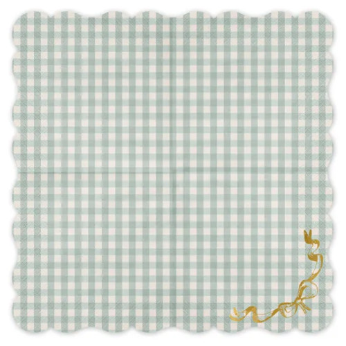 A Pack of 12 Checkered Green Ruffled Edge Paper Napkins, manufactured by PartyDeco.