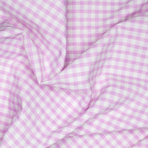 A 110cm x 100cm pre-cut piece of baby pink 6mm gingham polycotton fabric.