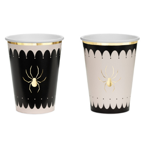 A Pack of 6 Beige & Black Spider Paper Cups, manufactured by PartyDeco. A Pack of 6 Beige & Black Spider Paper Cups, manufactured by PartyDeco.