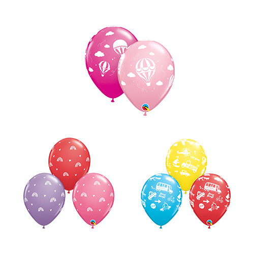 A Qualatex 11" themed printed latex balloons bargain box.