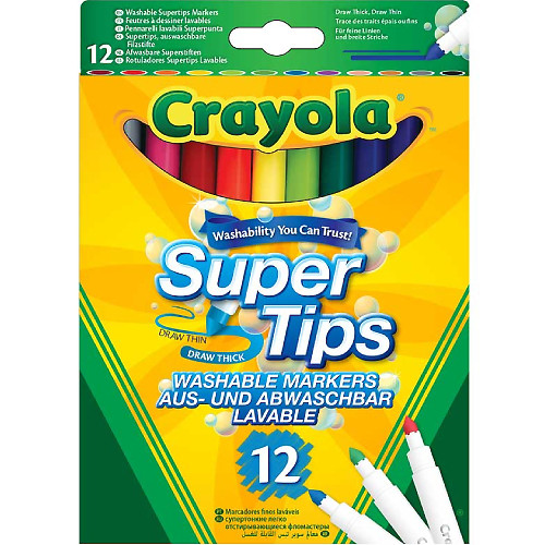 A pack of 12 Crayola Bright Super Tips Coloured Market Pens.