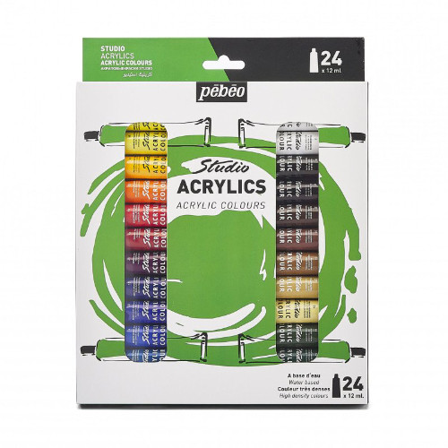 A 24 Piece Assortment of 12ml Studio Acrylic Paint, manufactured by Pebeo.