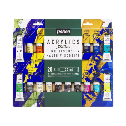 A 20 Piece Set of 20ml Studio Acrylic Paint with Paint Brush, manufactured by Pebeo. A 20 Piece Set of 20ml Studio Acrylic Paint with Paint Brush, manufactured by Pebeo.