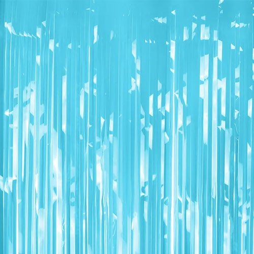 A 1m x 2m Light Blue Foil Fringe Door Curtain, manufactured by PartyDeco.