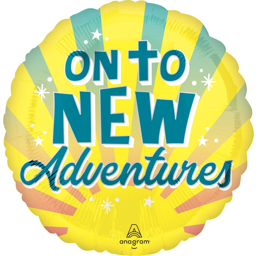 An 18 inch On To New Adventures Foil Balloon, manufactured by Anagram.