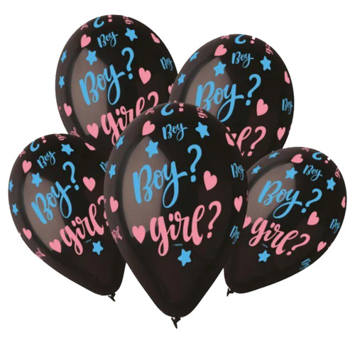 A Pack of 5 13 inch Black Gender Reveal Gemar Latex, manufactured by Gemar.