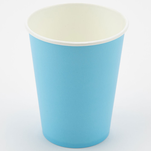 A pack of 8 Light Blue Paper Cups, manufactured by Oaktree.