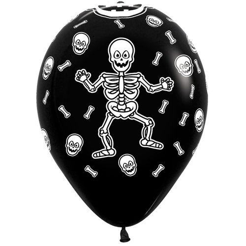 A pack of 25 12 inch Halloween Skeleton Black Latex Balloons, manufactured by Sempertex. A pack of 25 12 inch Halloween Skeleton Black Latex Balloons, manufactured by Sempertex.