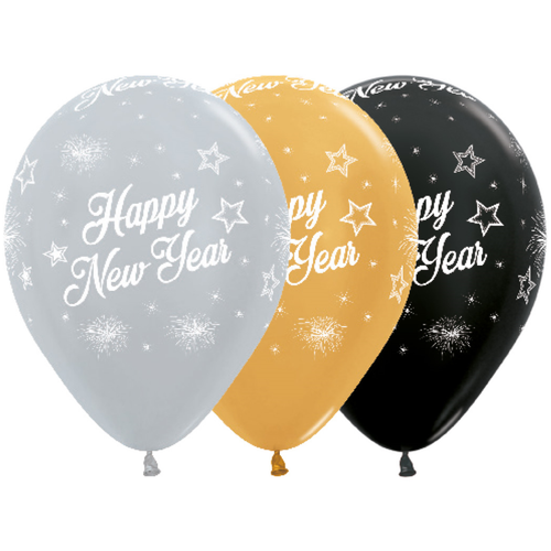 A pack of 25 12 inch Happy New Year Sparkles Assorted Latex Balloons, manufactured by Sempertex. A pack of 25 12 inch Happy New Year Sparkles Assorted Latex Balloons, manufactured by Sempertex.