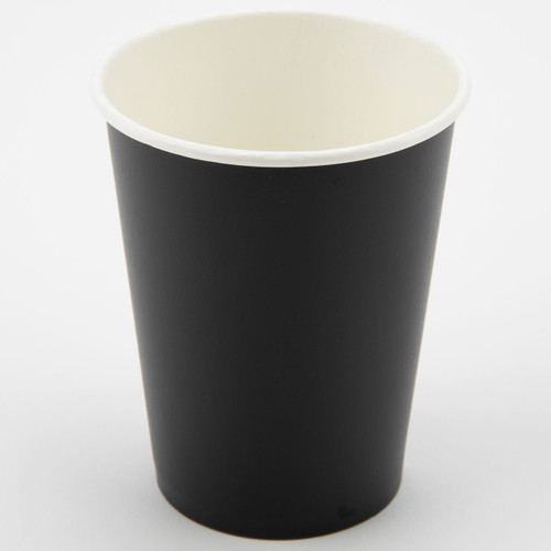 A pack of 8 black paper cups, manufactured by Oaktree.