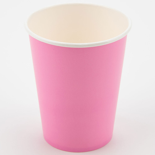 A pack of 8 bubblegum pink paper cups, manufactured by Oaktree. A pack of 8 bubblegum pink paper cups, manufactured by Oaktree.