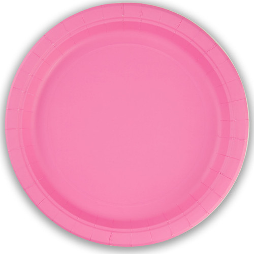 A pack of 8 bubblegum pink paper plates, manufactured by Oaktree. A pack of 8 bubblegum pink paper plates, manufactured by Oaktree.
