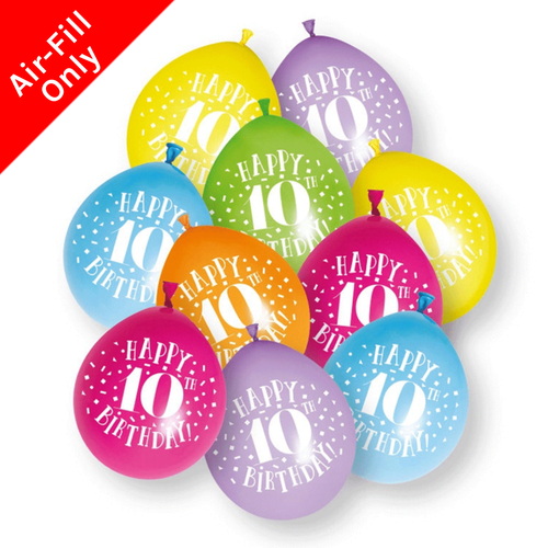 A pack of 10, 9 inch Happy 10th Birthday Neck Up Assorted Latex Balloons, manufactured by Unique. A pack of 10, 9 inch Happy 10th Birthday Neck Up Assorted Latex Balloons, manufactured by Unique.