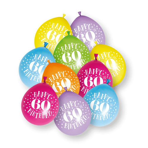 A pack of 10, 9 inch Happy 60th Birthday Neck Up Assorted Latex Balloons, manufactured by Unique. A pack of 10, 9 inch Happy 60th Birthday Neck Up Assorted Latex Balloons, manufactured by Unique.