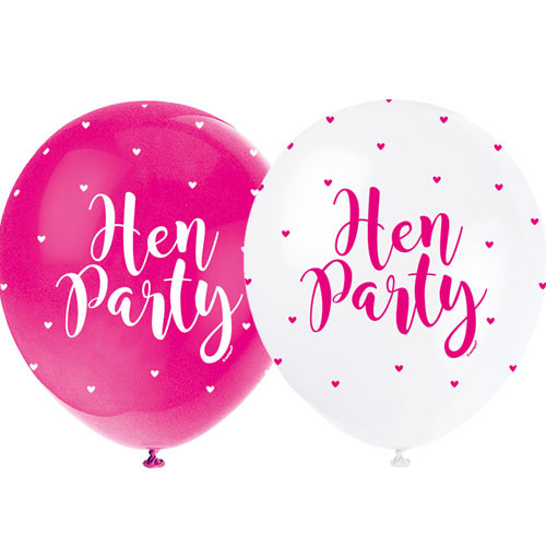 12 inch Hen Party Pink & White Latex Balloons (5)