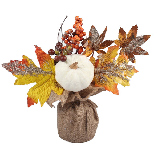 A 24cm Autumn Leaf, Berry & Cream Velvet Pumpkin Arrangement. A 24cm Autumn Leaf, Berry & Cream Velvet Pumpkin Arrangement.
