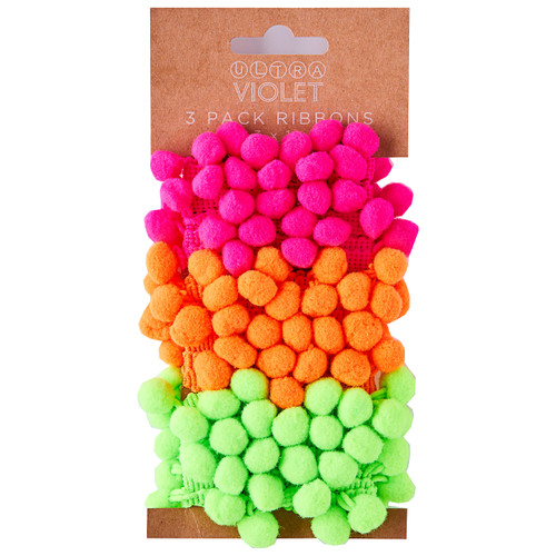 A Pack of Three Neon Pom Pom Ribbons.