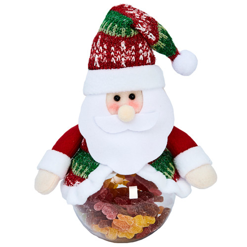 A Santa Claus Plush Plastic Treat Jar.