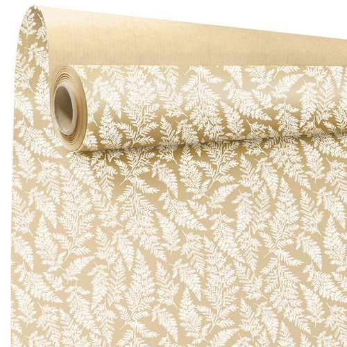 A roll of Cyrielle white patterned natural kraft paper, manufactured by Clayrtons.