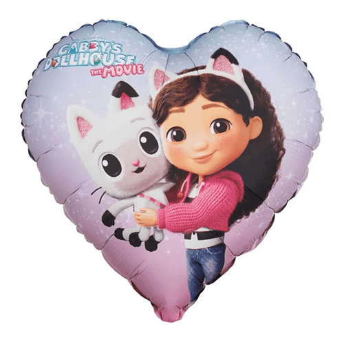 An 18 inch Gabby's Dollhouse Heart Foil Balloon, manufactured by PartyDeco.
