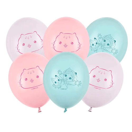 A Pack of 6 11 inch Gabby's Dollhouse Assorted Pastel Latex Balloons, manufactured by PartyDeco. A Pack of 6 11 inch Gabby's Dollhouse Assorted Pastel Latex Balloons, manufactured by PartyDeco.
