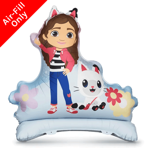 A 40 inch Gabby's Dollhouse Standing Foil Balloon, manufactured by PartyDeco.