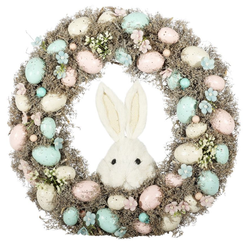 An Easter Pastel Eggs & Rabbit Face Wreath, measuring approx. 43cm.