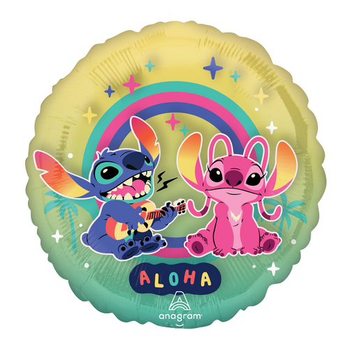 A 15 inch Stitch & Angel Panoramic Round Foil Balloon, manufactured by Anagram Europe.