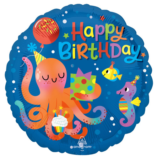 An 18 inch Happy Birthday Octopus Round Foil Balloon, manufactured by Anagram Europe.