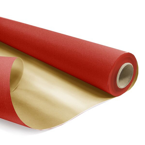 A Roll of Red & Metallic Gold Double-Sided Kraft Paper, manufactured by Clayrtons. A Roll of Red & Metallic Gold Double-Sided Kraft Paper, manufactured by Clayrtons.