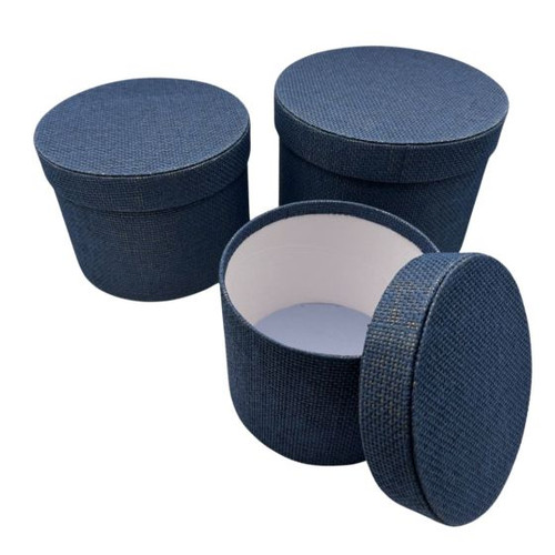 A Set of 3 Dark Blue Round Textured Hat Boxes.