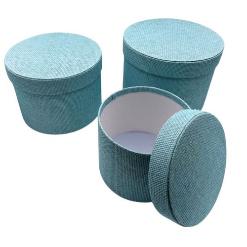 A Set of 3 Light Blue Round Textured Hat Boxes. A Set of 3 Light Blue Round Textured Hat Boxes.