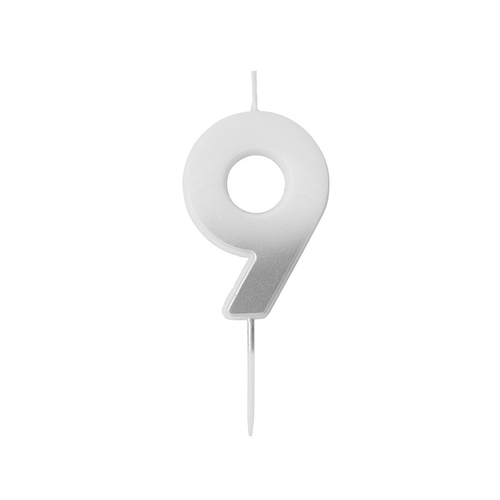 A Silver Ombre Number 9 Candle, measuring approx. 6.2cm.