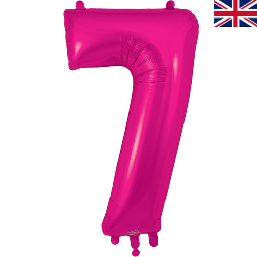 A 34 inch Bright Pink Number 7 Foil Balloon, manufactured by Oaktree.