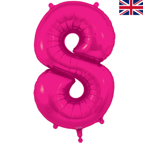 A 34 inch Bright Pink Number 8 Foil Balloon, manufactured by Oaktree.