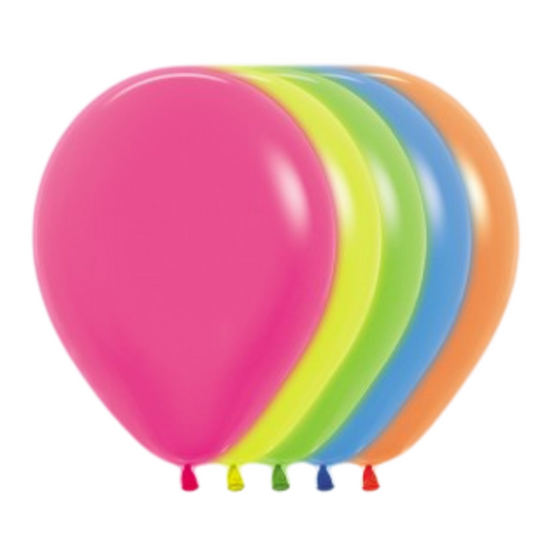 A bag of 50 5" Neon Assorted Latex Balloons, manufactured by Sempertex. A bag of 50 5" Neon Assorted Latex Balloons, manufactured by Sempertex.