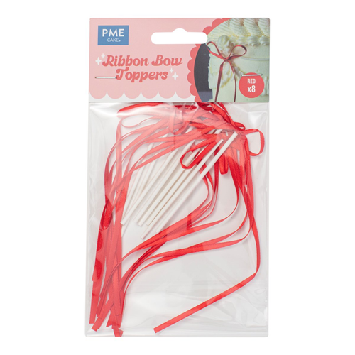 A set of 8 Red Ribbon Bow Cake Toppers, manufactured by PME Cake.