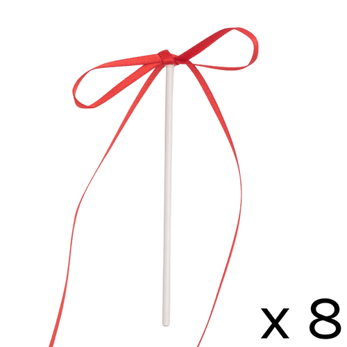 A set of 8 Red Ribbon Bow Cake Toppers, manufactured by PME Cake.